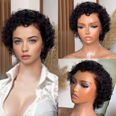 13X6 Deep Part Short Pixie Cut Wig Human Hair Glueless Lace Front Wig Full Frontal Lace Pixie Curly Wave Wigs for Women Daily Wear Preplucked (13X6 Lace Front Wig 180Density, 8inch)