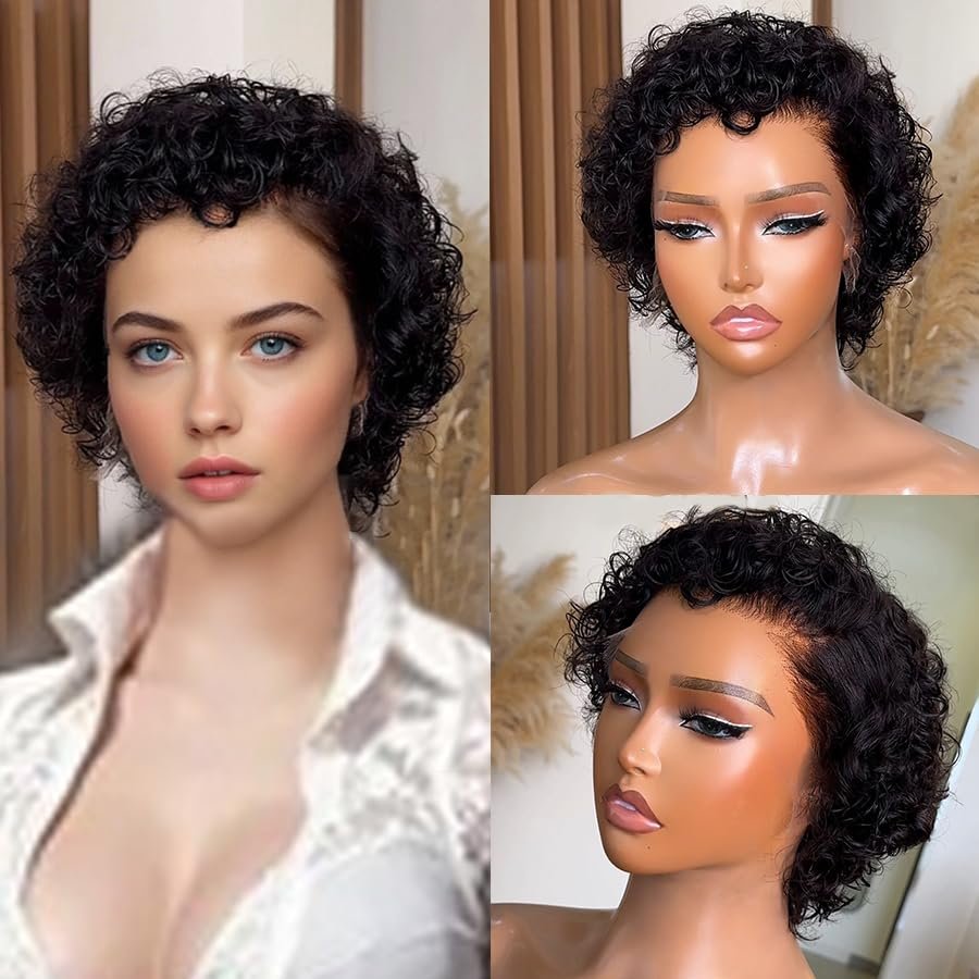 13X6 Deep Part Short Pixie Cut Wig Human Hair Glueless Lace Front Wig Full Frontal Lace Pixie Curly Wave Wigs for Women Daily Wear Preplucked (13X6 Lace Front Wig 180Density, 8inch)