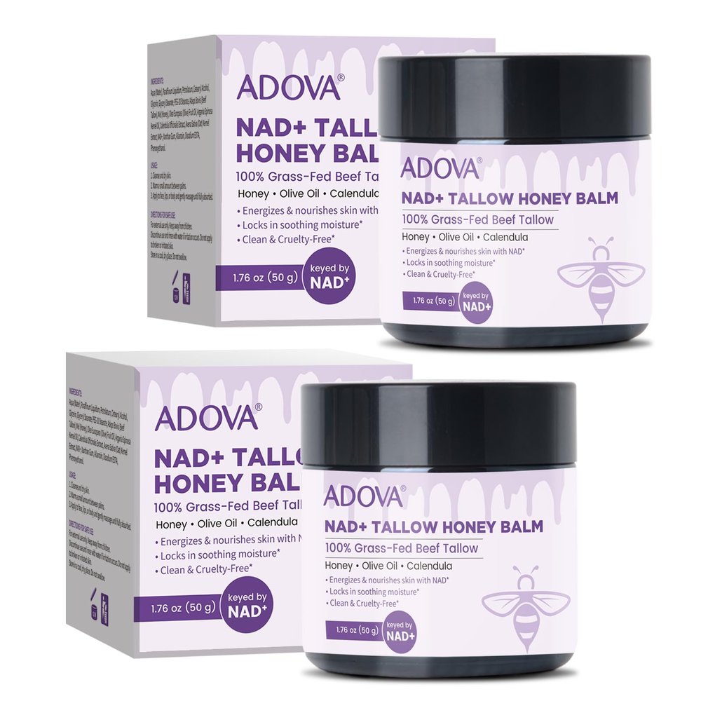 ADOVA Tallow Honey Balm for Skin, Natural Face, Body Moisturizer with Grass-Fed Beef Tallow & Raw Wild Honey for Dry & Sensitive Skin, 2 Pack,