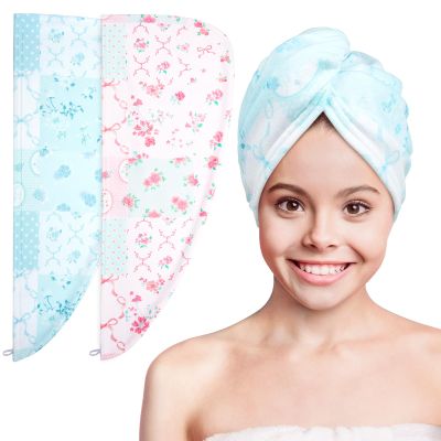 Basumee Microfiber Hair Towel Wrap for Kids 2 Pack Rapid Drying Hair Towel with Button Hair Turbans for Wet Hair Wraps Head Towel Wrap for Women and Girls