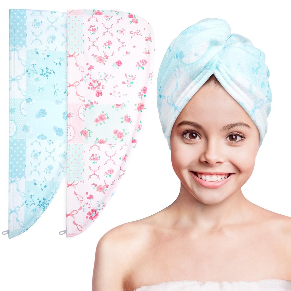 Basumee Microfiber Hair Towel Wrap for Kids 2 Pack Rapid Drying Hair Towel with Button Hair Turbans for Wet Hair Wraps Head Towel Wrap for Women and Girls
