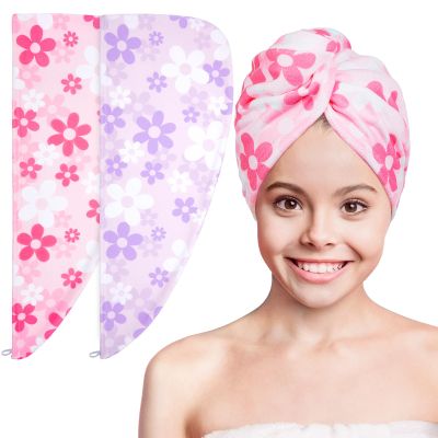 Basumee Microfiber Hair Towel Wrap for Kids 2 Pack Rapid Drying Hair Towel with Button Hair Turbans for Wet Hair Wraps Head Towel Wrap for Women and Girls