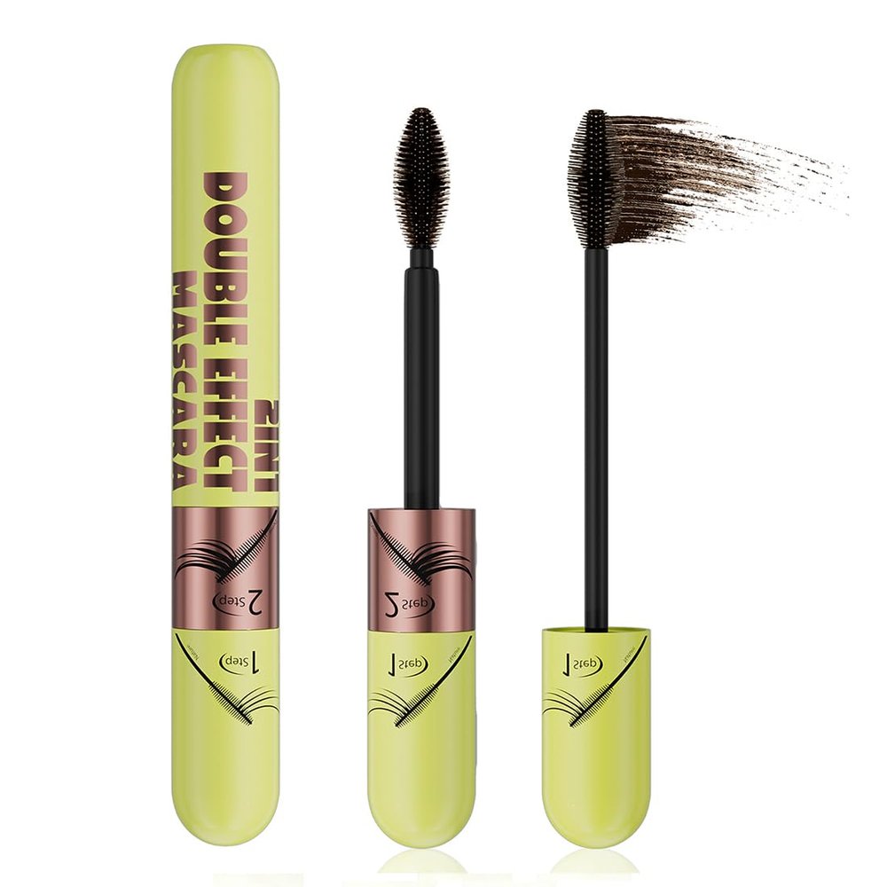 2 Distinct Brush Heads Mascara, 2-in-1 Volume & Define Effect Day to Night Waterproof Eyelash Makeup (Brown)