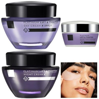 Platinum Lift & Firm 4 Piece Anti-Aging Skincare Set | Day Creaml + Night Cream + Dual Eye Cream + Reusable Silicone Eye Patches