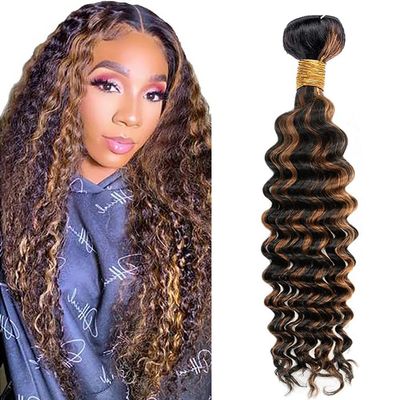 Highlight Human Hair Bundles P1B30 Light Brown Deep Wave 1 Bundles Human Hair 30 Inch Double Weft Unprocessed Virgin Remy Hair 2 Tone #1B Black Mixed With Color #30 100g Per Bundle