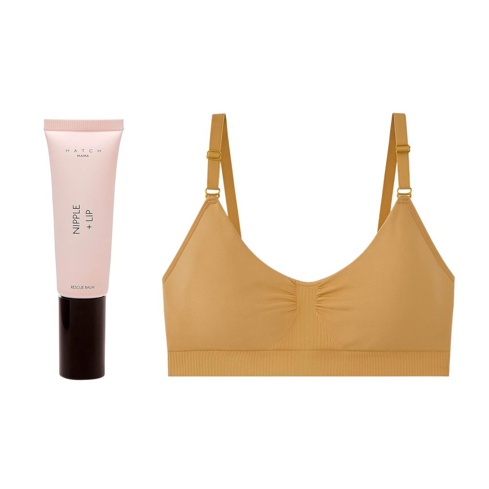 HATCH Maternity Bundle, Hydrating Nipple + Lip Rescue Balm (1 oz) & Essential Nursing & Pumping Bra (Sand, Size Medium), for Pregnancy & Beyond