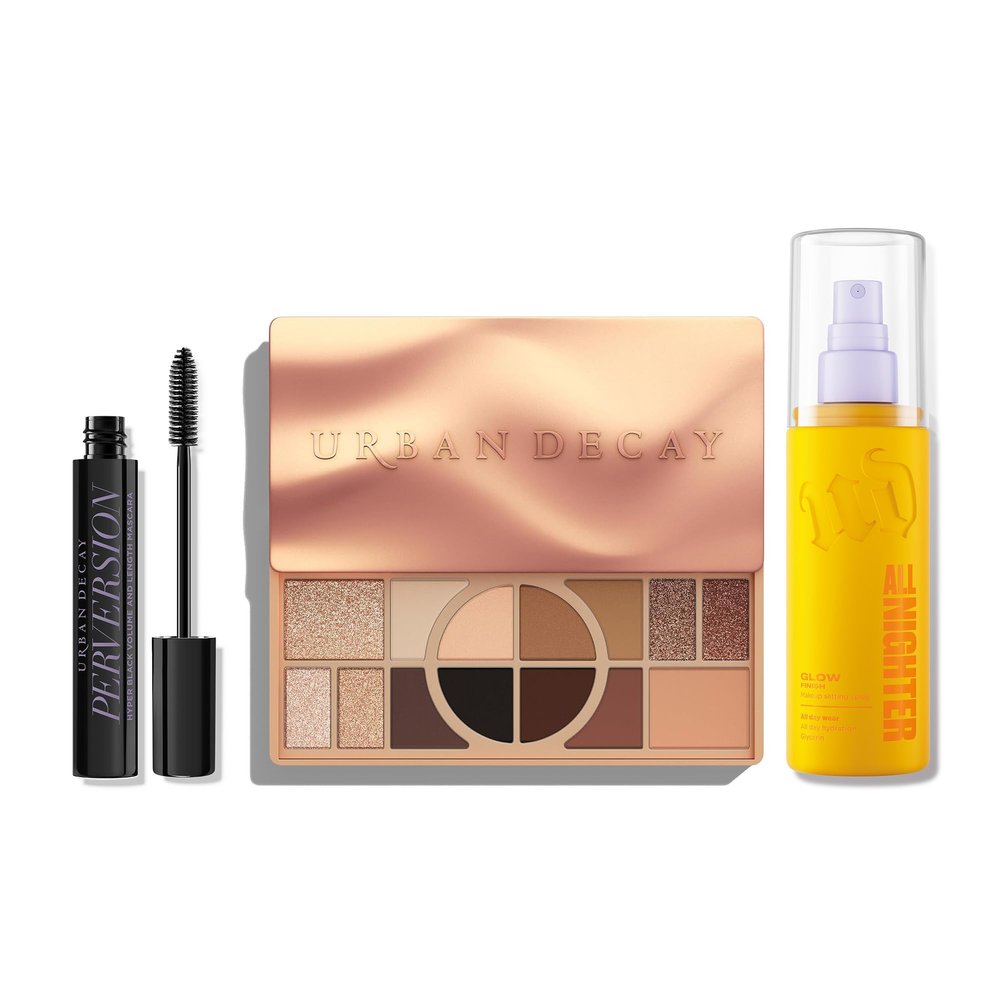 Urban Decay Radiant Holiday Makeup Look (Glow Getter 3Pc Bundle) - Makeup Set for Eye + Face - All Nighter Dewy Setting Spray, Naked Shaped Eyeshadow Palette, Perversion Volumizing Mascara