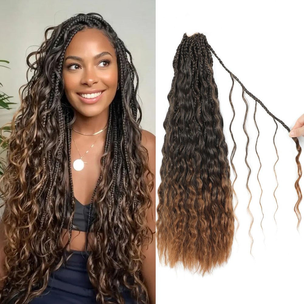 Goddesty 18inch 7packs Boho Crochet Braids Pure Protein Fiber Close to Human Hair Goddess Box Braids with Breezy Wave Curly Crochet Hair for Black Women (T30, 18 Inch(Pack of 7))