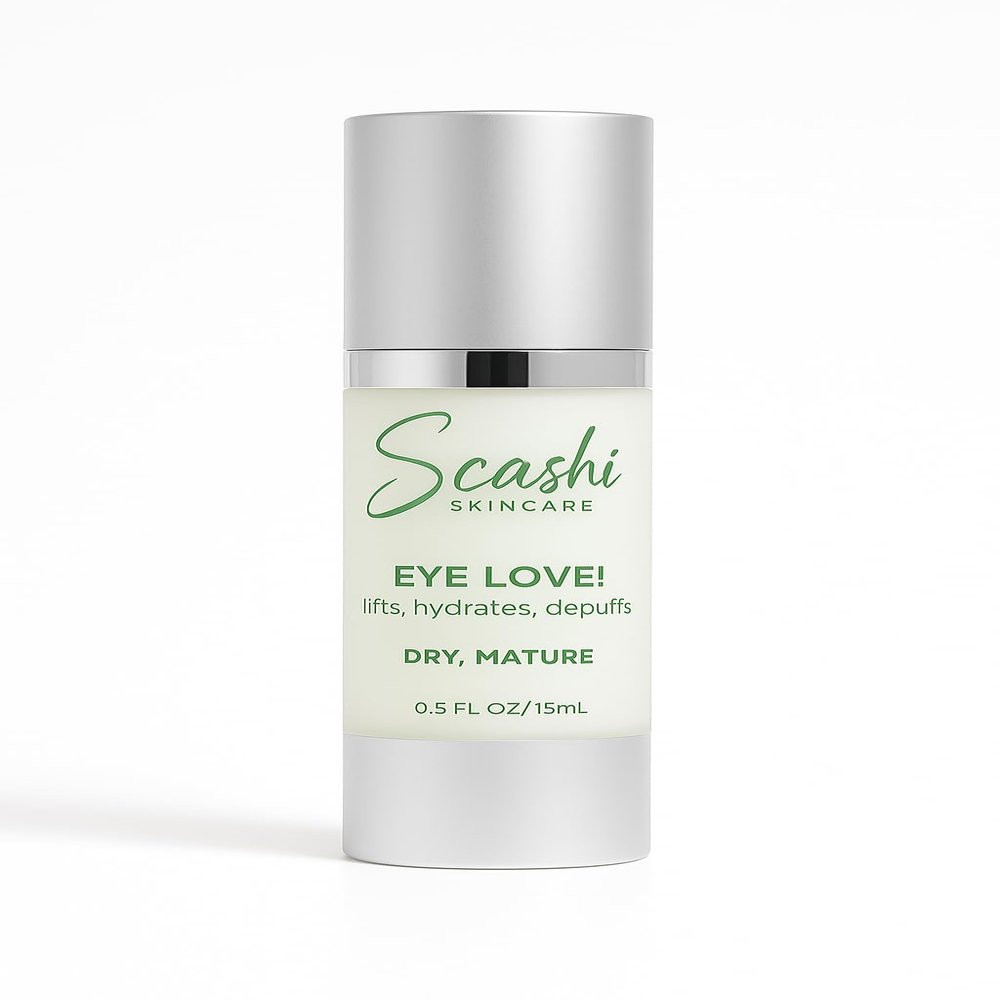 Scashi Skincare EYE LOVE! - All Skin Types. Lifts, Hydrates & Depuffs. Includes a combination of Peptides, CO-Q 10, Vitamin K and Mushroom Extract. (1 fl oz, 30 ml).