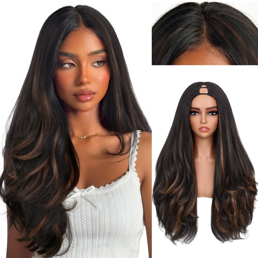 26 Inch Wavy Yaki U Part Wig Mixed Black Synthetic V Part Half Wig for Black Women Natural Kinky Straight Wavy Long Glueless Half Wig Easy Wear (P1B/30)