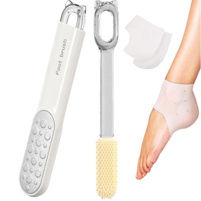 2-in-1 Foot File Callus Remover Set, Stainless Steel Foot Scrubber with Silicone Brush & Heel Gel Socks for Smooth Feet (Grey)