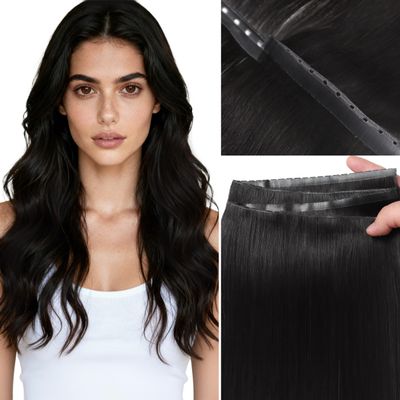 LOXXY OVO Butterfly Weft Hair Extensions Real Human Hair - 18 Inch 100g Invisible Natural Black - Double Weft Bead in Hair Extensions, PU Hole Twin Tab Width 31.5"(80cm)