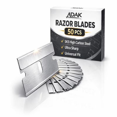 Adak 50 Pc Single Edge Razor Blades Flat Scraper Replacement Blades for Paint, Glass & Sticker Removal Universal Razor Scraper & Utility Blade Refills