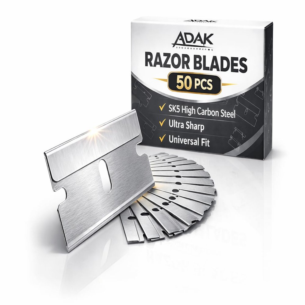 Adak 50 Pc Single Edge Razor Blades Flat Scraper Replacement Blades for Paint, Glass & Sticker Removal Universal Razor Scraper & Utility Blade Refills