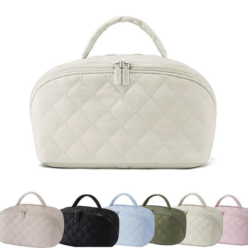 180 Lay-Flat Travel Makeup Bag, Large Puffy Makeup Bag For Women, Portable Wide Open Lay-Flat Water-Resistant Cosmetic Case Toiletries With Compartments,Travel Essentials (Beige)