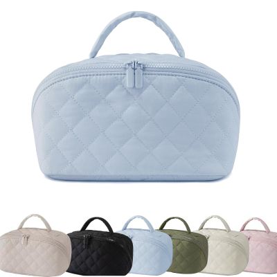 180 Lay-Flat Travel Makeup Bag, Large Puffy Makeup Bag For Women, Portable Wide Open Lay-Flat Water-Resistant Cosmetic Case Toiletries With Compartments,Travel Essentials (Blue)