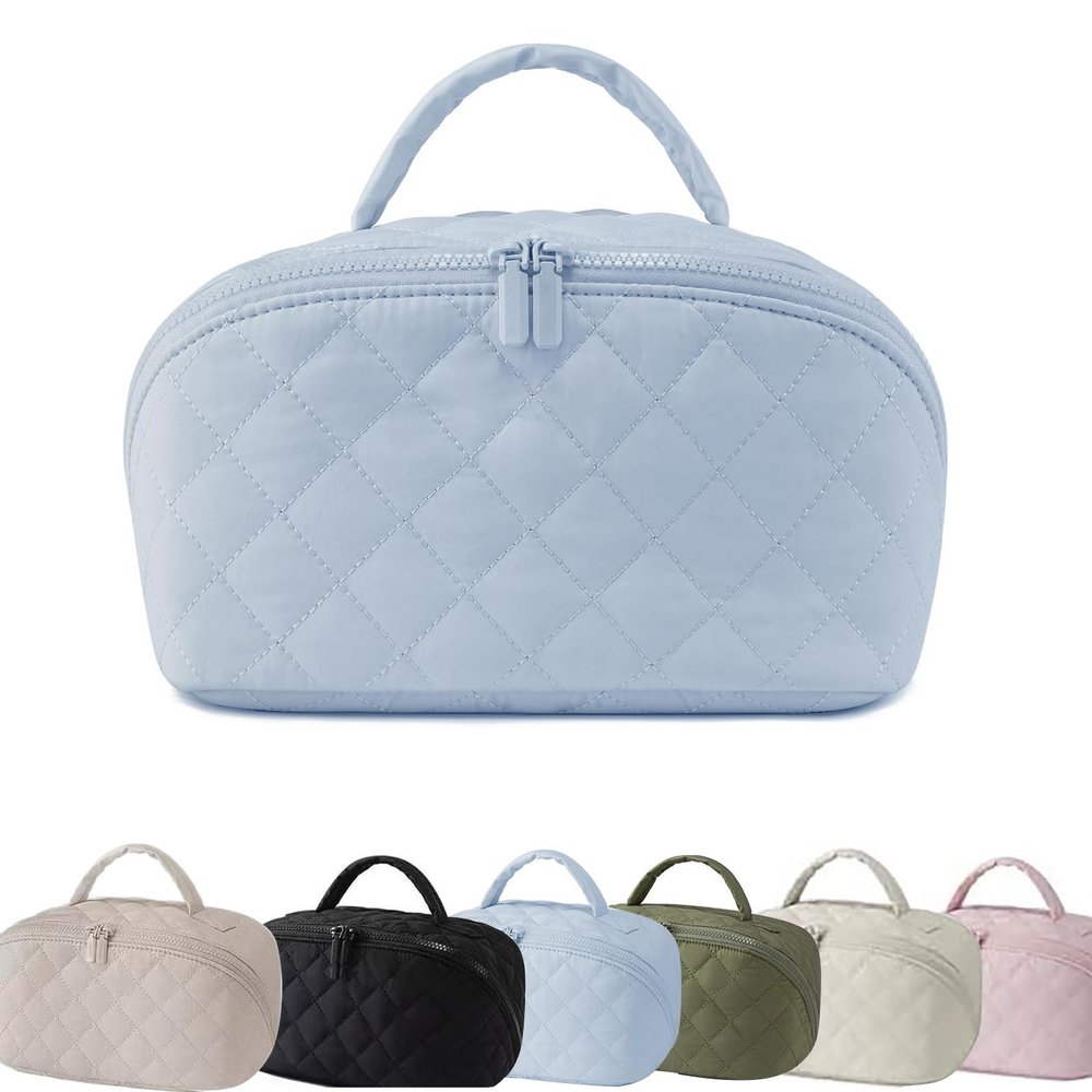 180 Lay-Flat Travel Makeup Bag, Large Puffy Makeup Bag For Women, Portable Wide Open Lay-Flat Water-Resistant Cosmetic Case Toiletries With Compartments,Travel Essentials (Blue)