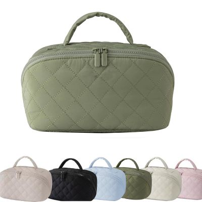 180 Lay-Flat Travel Makeup Bag, Large Puffy Makeup Bag For Women, Portable Wide Open Lay-Flat Water-Resistant Cosmetic Case Toiletries With Compartments,Travel Essentials (Green)