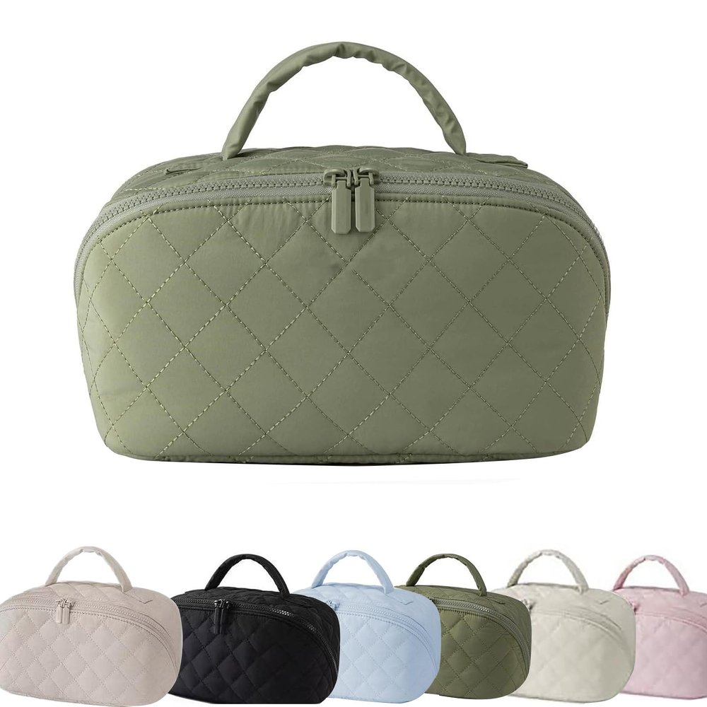180 Lay-Flat Travel Makeup Bag, Large Puffy Makeup Bag For Women, Portable Wide Open Lay-Flat Water-Resistant Cosmetic Case Toiletries With Compartments,Travel Essentials (Green)