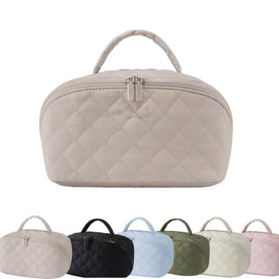 180 Lay-Flat Travel Makeup Bag, Large Puffy Makeup Bag For Women, Portable Wide Open Lay-Flat Water-Resistant Cosmetic Case Toiletries With Compartments,Travel Essentials (Khaki)