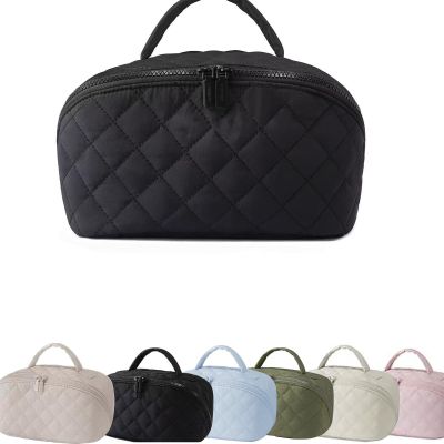 180 Lay-Flat Travel Makeup Bag, Large Puffy Makeup Bag For Women, Portable Wide Open Lay-Flat Water-Resistant Cosmetic Case Toiletries With Compartments,Travel Essentials (Black)