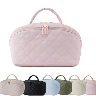 180 Lay-Flat Travel Makeup Bag, Large Puffy Makeup Bag For Women, Portable Wide Open Lay-Flat Water-Resistant Cosmetic Case Toiletries With Compartments,Travel Essentials (Pink)