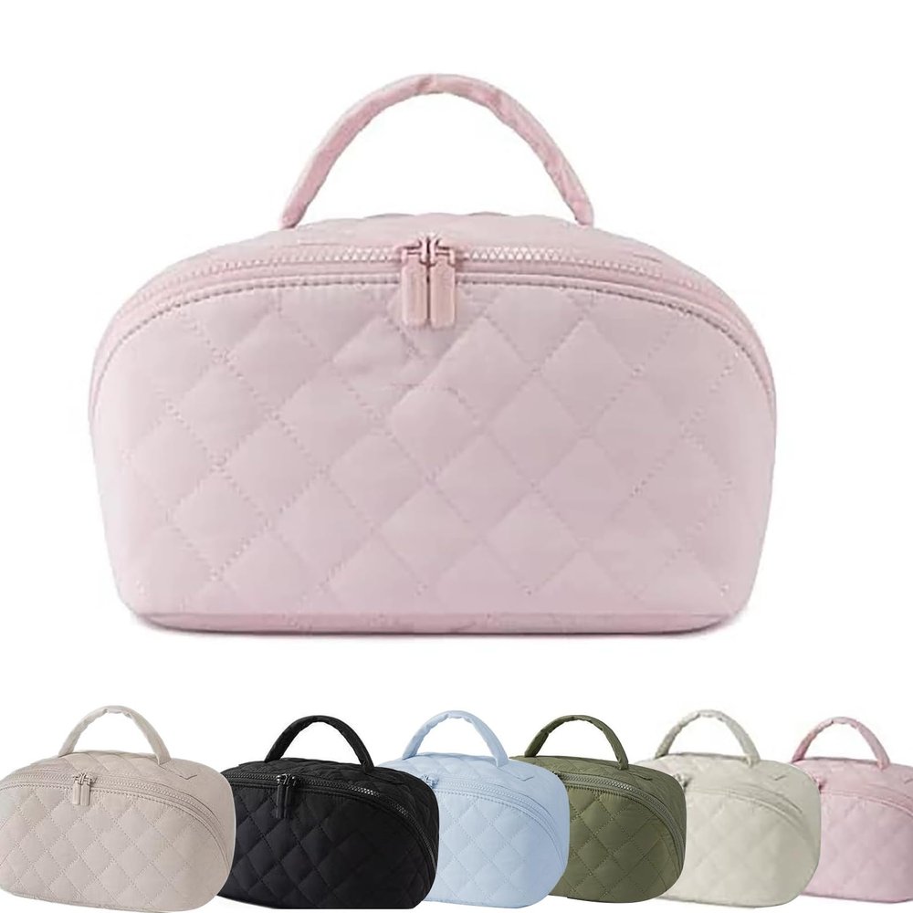 180 Lay-Flat Travel Makeup Bag, Large Puffy Makeup Bag For Women, Portable Wide Open Lay-Flat Water-Resistant Cosmetic Case Toiletries With Compartments,Travel Essentials (Pink)