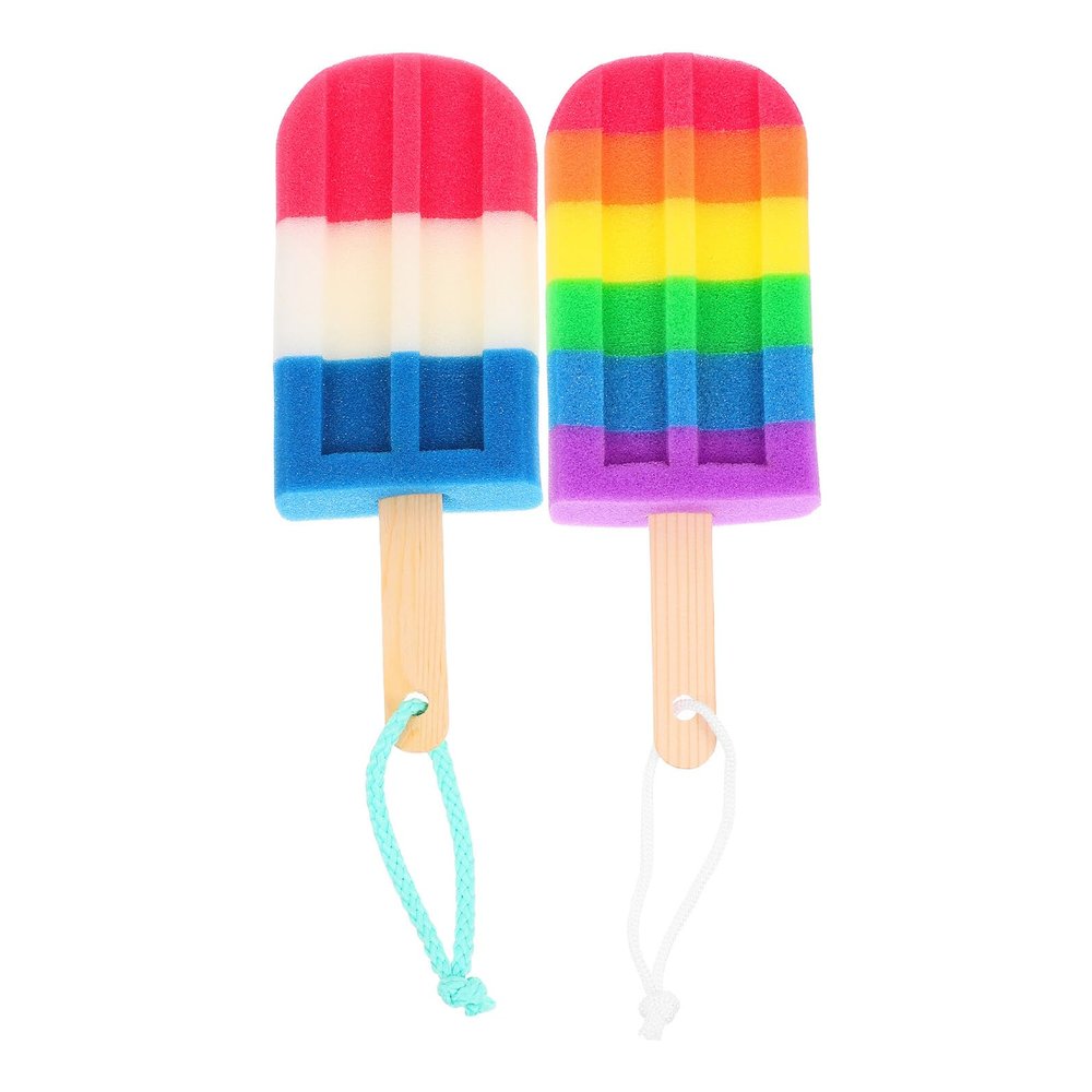 ABOOFAN 2pcs Ice Cream Shape Bath Sponges for Women High-Density Exfoliating Shower Loofahs with Ergonomic Wooden Handles Body Scrubbers for Home Travel and Gym Use Pink and Blue