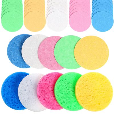 ABOOFAN 50pcs Natural Compressed Facial Sponges for Soft Cleansing and Makeup Removal Portable Reusable Round Face Cleaning Pads Suitable for All Skin Types Cellulose Sponge Washing