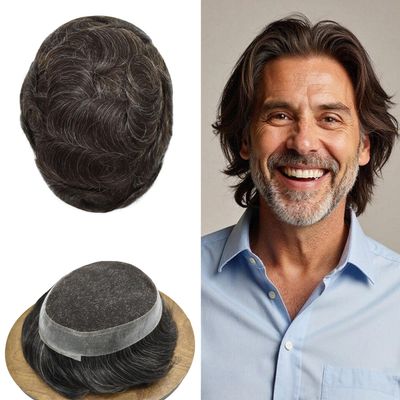 Swiss Lace Mens Toupee Hair System For Men Hair Replacement Durable Toupee For Men European Human Hair Pieces Natural Hairline #220 Darkest Brown+20% Gray-110% Light to Medium Density 8"x10"