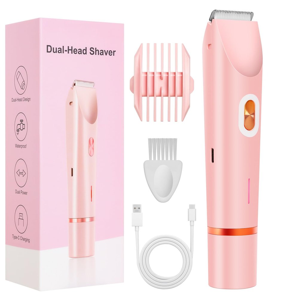 Smopgn Dermave Bikini Shaver, Bikini Trimmer for Women, 2 in 1 Dual Head Painless Electric Razors for Silk Skin, Cordless & Waterproof Electric Trimmer for Women, Pink