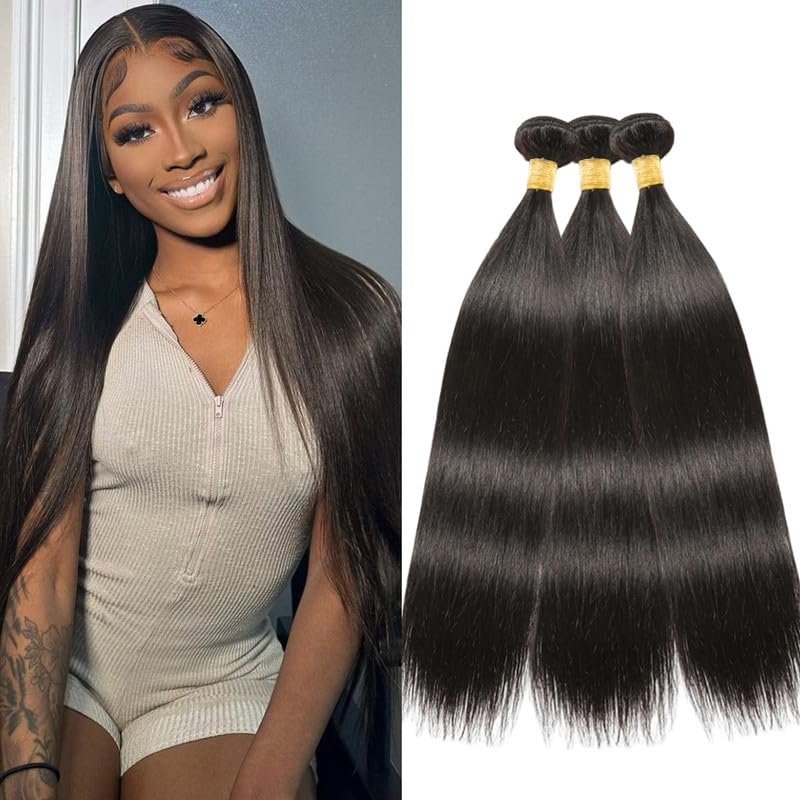 Straight Human Hair Bundles 20 22 24 Inch Black 3 Bundles for Black Women 12A Virgin Human Hair Deals Double Weft Quick Brazilian Hair Weave