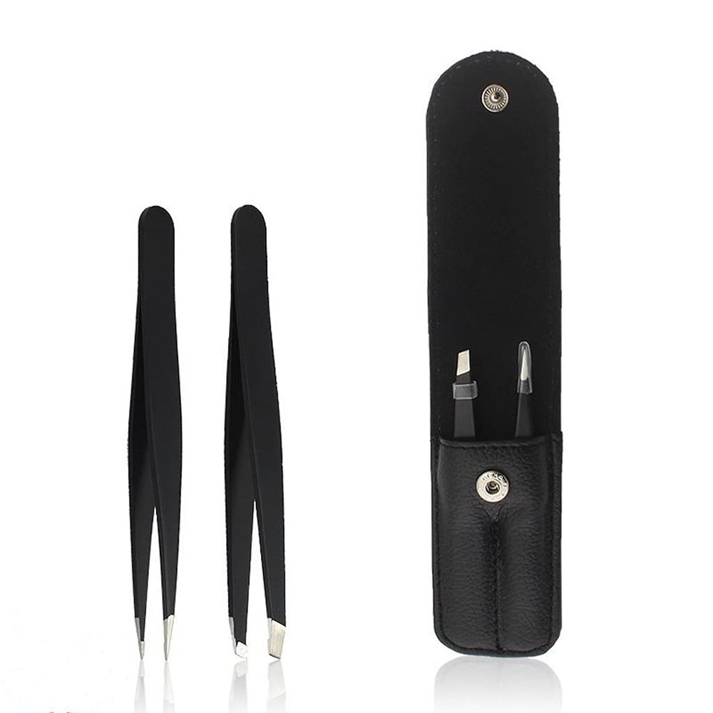 2 Pcs/set Professional Eyebrow Tweezers Set Stainless Steel for Eyebrows Hair Removal with Bag Case