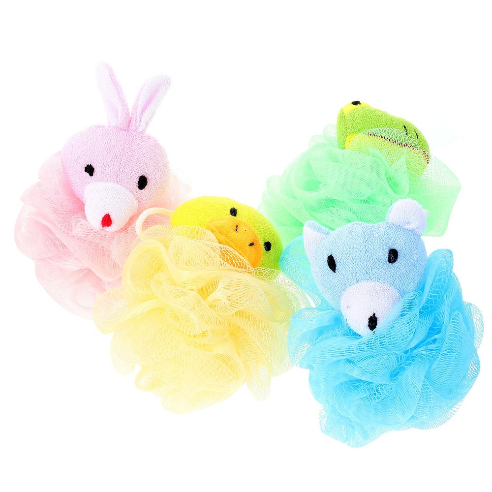 JEWEDECO 4Pcs Cartoon Animal Bath Loofah Sponges for Comfortable PE Mesh Shower Scrubbers with Rich Exfoliating Bath Balls for Skin Massage