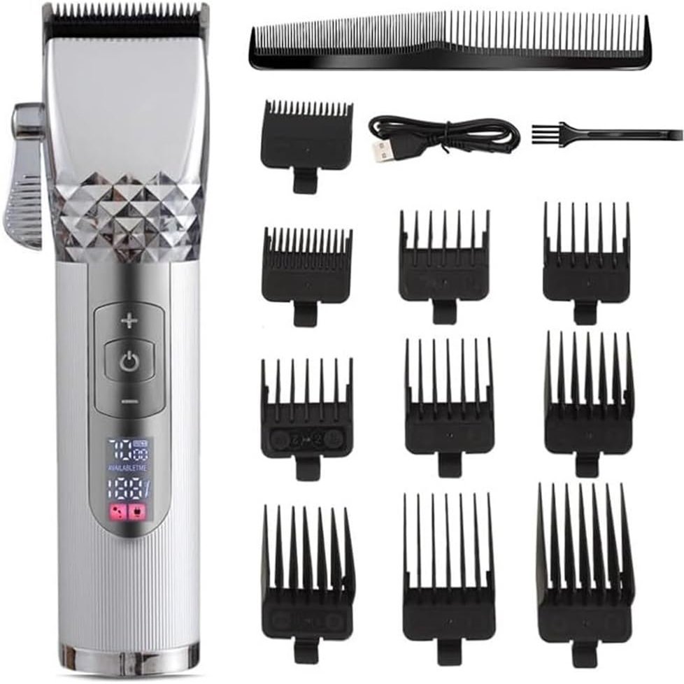 YHNNH Hair Cutting Tool, Professional Clipper Titanium Ceramic Blade Cordless Rechargeable Trimmer Barber Haircut Grooming Kit(Silver)