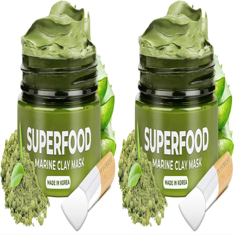 PLANTIFIQUE Korean Skincare Clay Mask  Hydrating Mud Mask with Avocado & Superfoods, Dermatologist-Tested for Face & Body  Vegan, 3.4 Oz/100ml (Pack of 2)