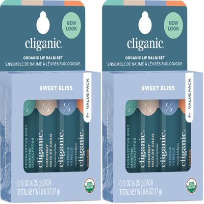 Cliganic Organic Lip Balm Set - 4 Flavors - Natural Hydrating for Cracked & Dry Lips (Pack of 2)