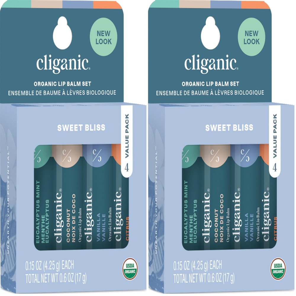 Cliganic Organic Lip Balm Set - 4 Flavors - Natural Hydrating for Cracked & Dry Lips (Pack of 2)