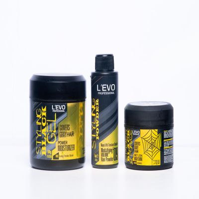 LEVO PROFESSIONAL Complete Styling Bundle  Spider Black Pomade, Mattifying Volume Hair Powder, and Black Styling Gel for Gray Hair Coverage, Volume, and High Shine