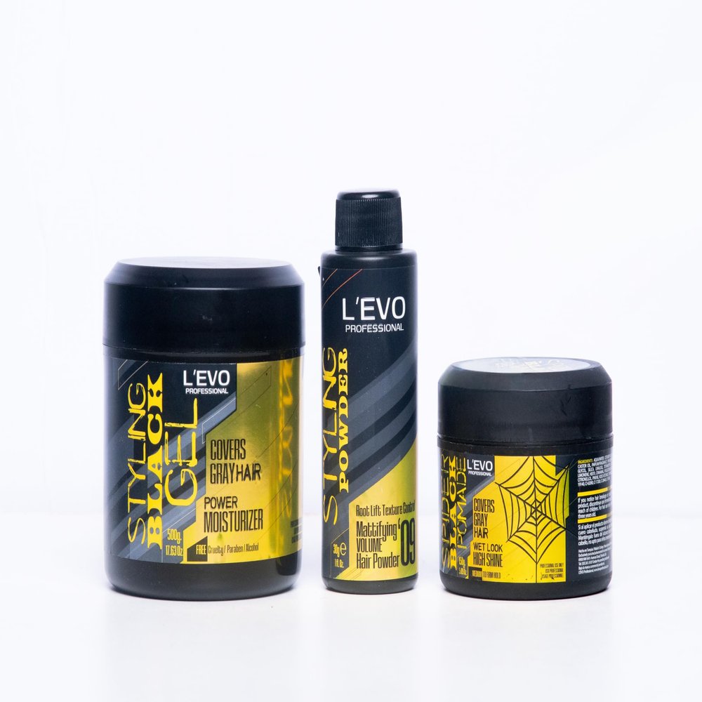 LEVO PROFESSIONAL Complete Styling Bundle  Spider Black Pomade, Mattifying Volume Hair Powder, and Black Styling Gel for Gray Hair Coverage, Volume, and High Shine