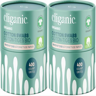 Cliganic Organic Cotton Swabs, 400 Count - 100% Pure Natural Cotton, Chlorine-Free Hypoallergenic, Soft, Gentle & Absorbent Paper Buds (Pack of 2)