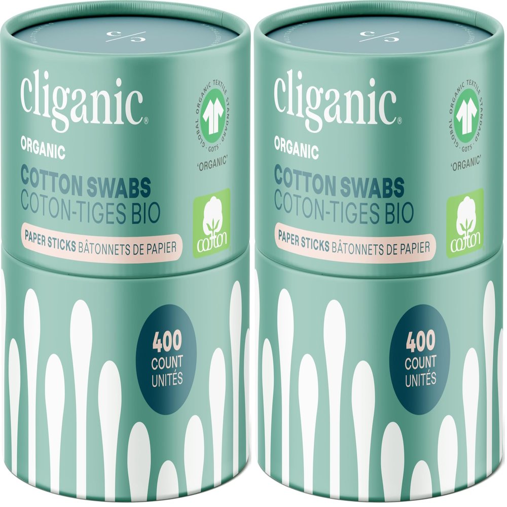 Cliganic Organic Cotton Swabs, 400 Count - 100% Pure Natural Cotton, Chlorine-Free Hypoallergenic, Soft, Gentle & Absorbent Paper Buds (Pack of 2)