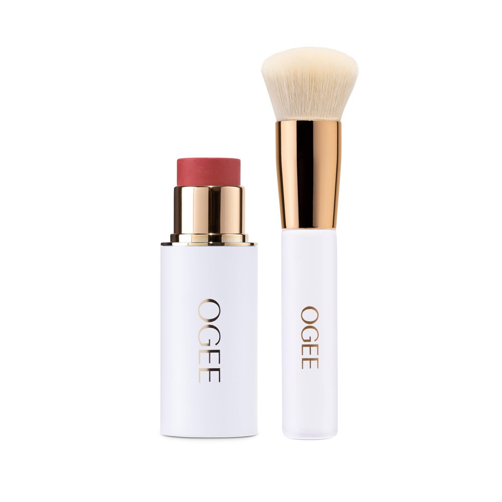 Ogee Radiant Blush & Blend Bundle  Rose Quartz Sculpted Face Stick + Professional Blender Brush