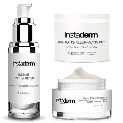 Anti-Aging System- Instant Eye Tightener, Retinol Skin Booster Cream, Anit-Aging Resurfacing Pads. Products in Bundle. Target Under Eye Puffiness, dark Circles, smooths Fine Lines & Wrikles.