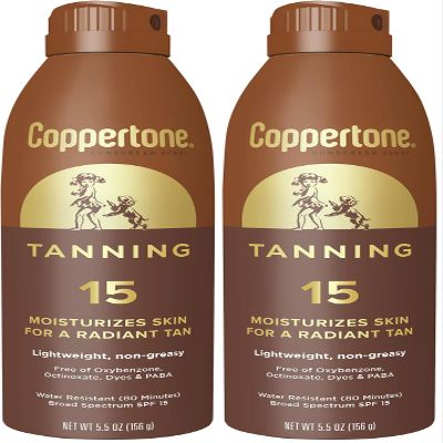 Coppertone Tanning Sunscreen Spray with Broad Spectrum SPF 15, Water Resistant Spray Sunscreen, Lightweight and Non-Greasy, 5.5 Oz (Pack of 2)