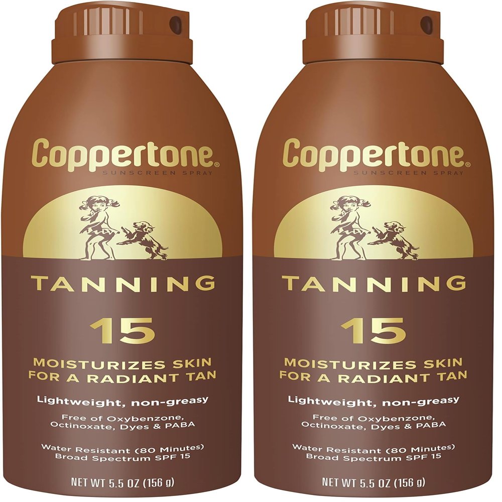 Coppertone Tanning Sunscreen Spray with Broad Spectrum SPF 15, Water Resistant Spray Sunscreen, Lightweight and Non-Greasy, 5.5 Oz (Pack of 2)