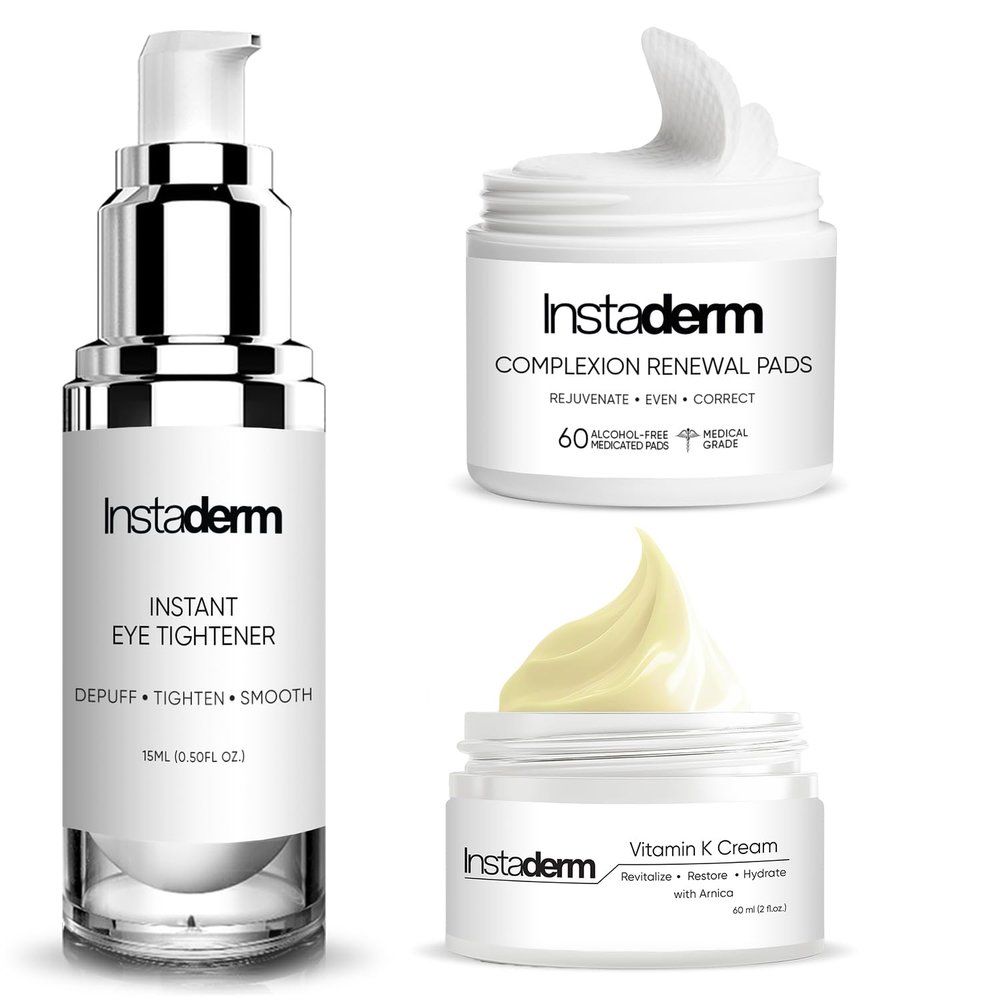 Instaderm Anti-Aging System-Instant Eye Tightener, Complexion Renewal Pads, Vitamin K Cream. Products in Bundle. for Under Eye Puffiness, Dark Circles, Fine Lines & Wrinkles.