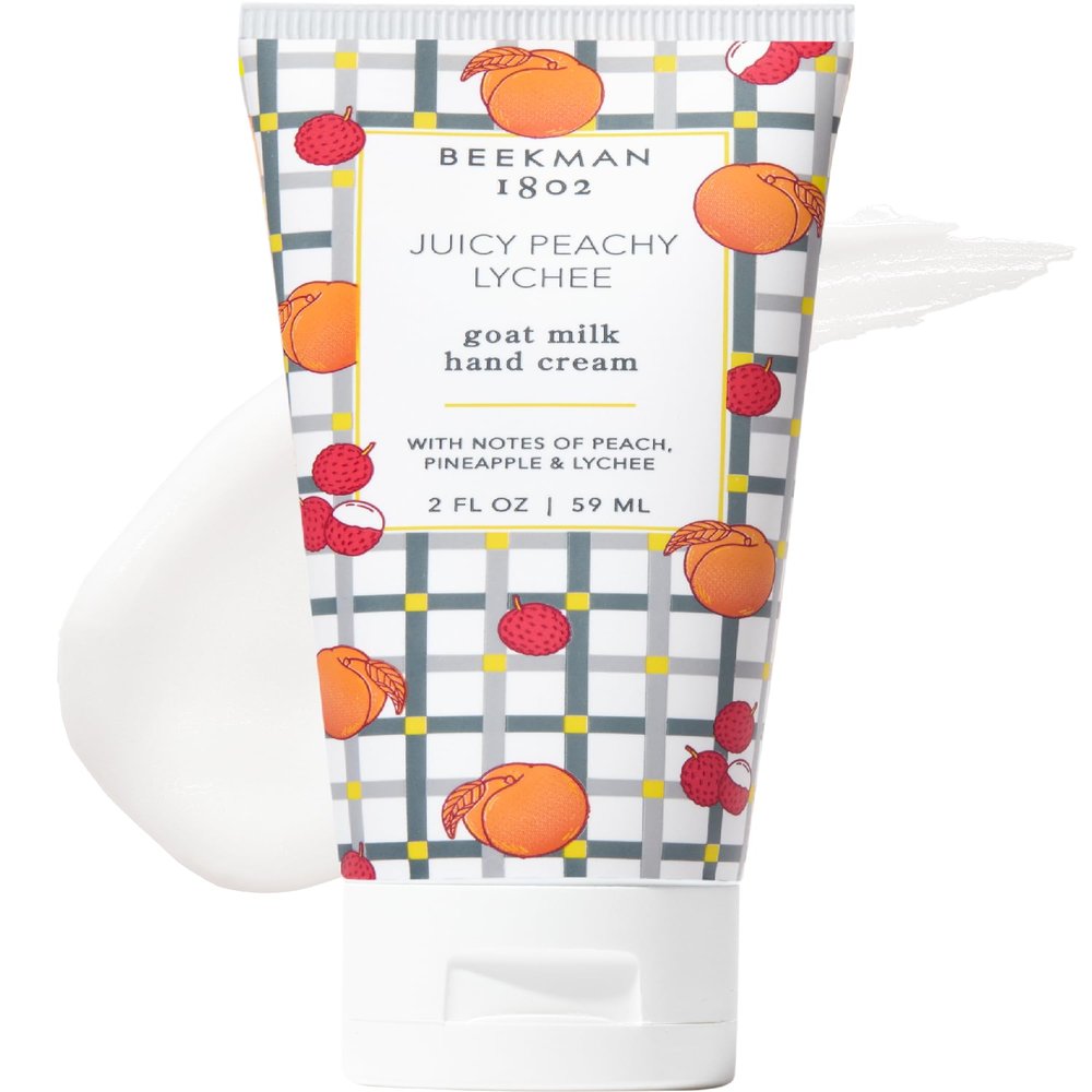 Beekman 1802 Goat Milk Hand Cream Juicy Peachy Lychee Scented 2 oz Moisturizing Hand Lotion for Dry Skin Non-Greasy Sensitive Skin Safe Cruelty Free