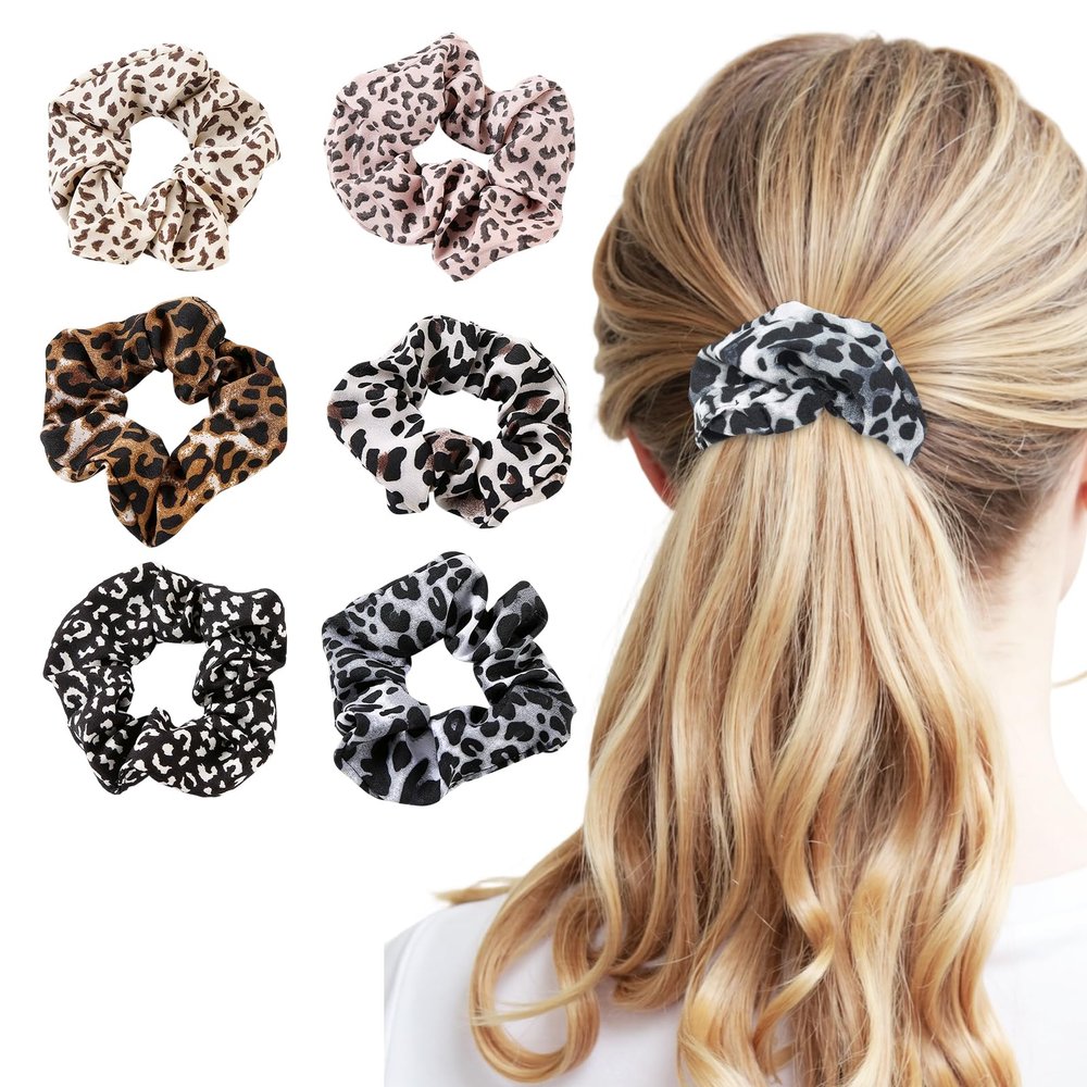 TENOC Soft Scrunchies, Leopard Print Patterns Hair Ties Ponytail Holders for all Ages, 6 Pcs