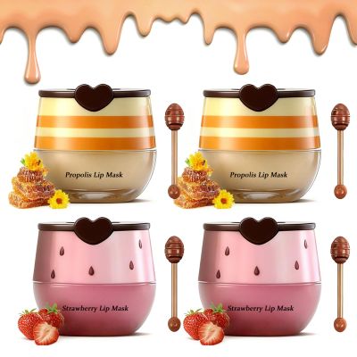 4PCS Strawberry & Bee Lip Balm Honey Pot, Vitamin E & Moisturizing Propolis Sleeping Lip Mask, Effective Reduces Lip Lines Prevention Dry and Cracked Scrubs Exfoliator Lip Wrinkle Care Product